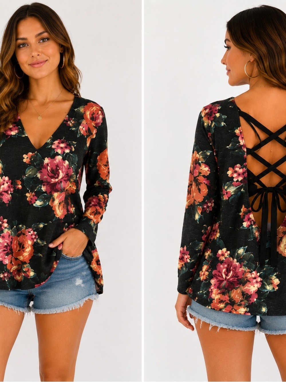 by & by Black Floral V-Neck Long Sleeve Top with Lace-Up Open Back